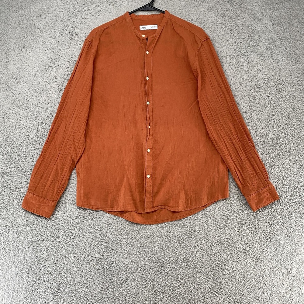 Zara Band Collar Shirt Mens Large Orange Long Sleeve Button Up Lightweight